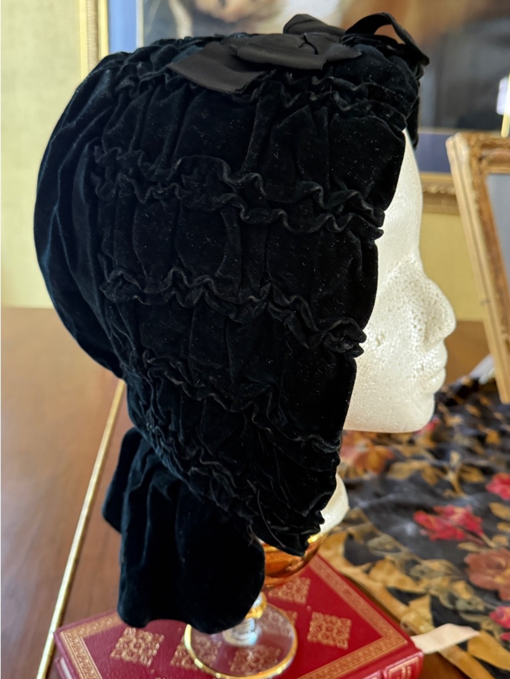 Antique Black Velvet Ruffled Bonnet Hat - Women Accessories